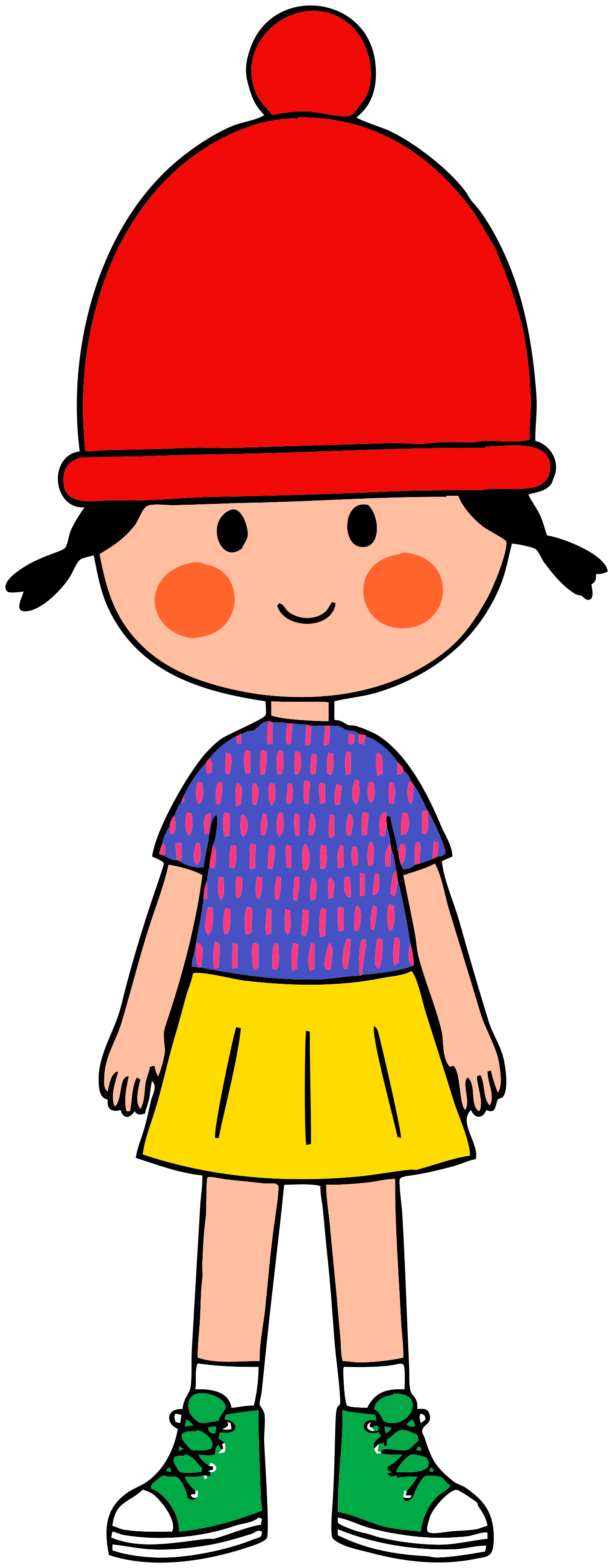 Bibi, a little girl in a red pompom hat and green sneakers